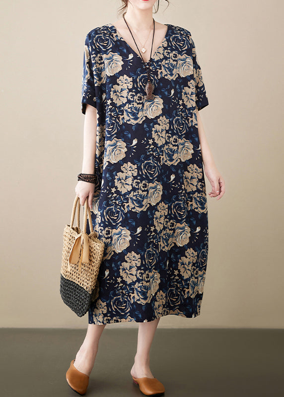 Navy Print Linen Robe Dresses V Neck Oversized Summer Ada Fashion