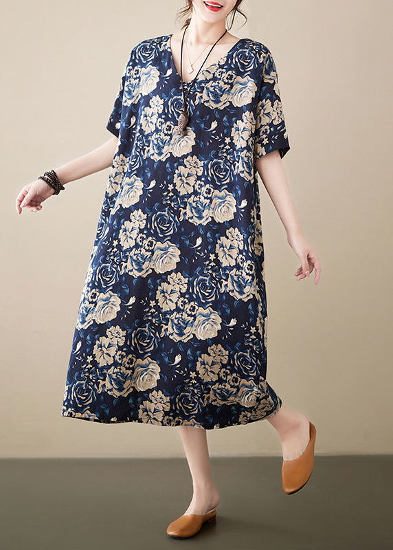 Navy Print Linen Robe Dresses V Neck Oversized Summer Ada Fashion