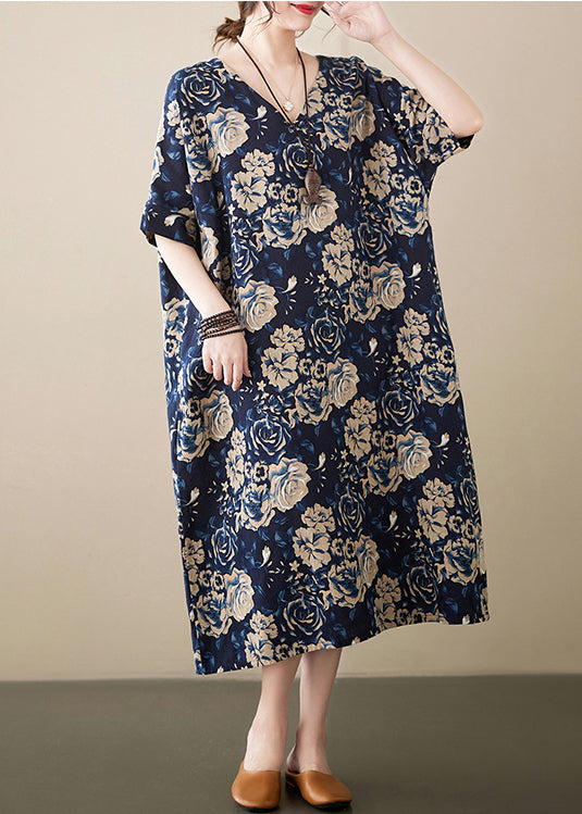 Navy Print Linen Robe Dresses V Neck Oversized Summer Ada Fashion
