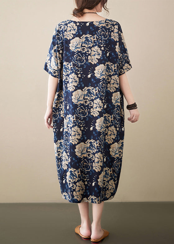 Navy Print Linen Robe Dresses V Neck Oversized Summer Ada Fashion