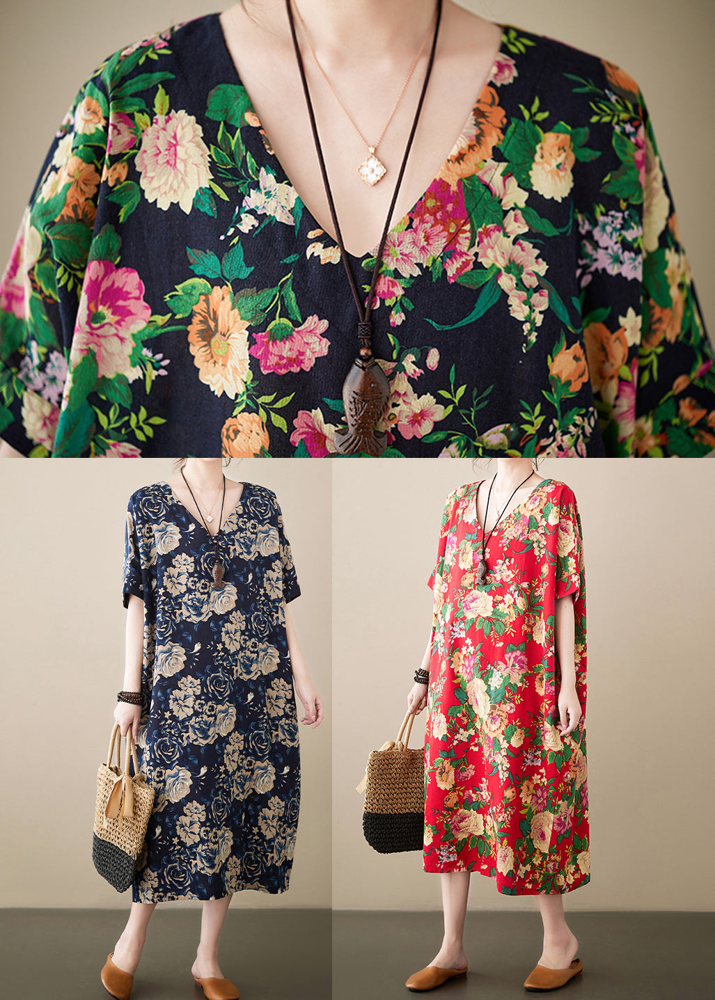 Navy Print Linen Robe Dresses V Neck Oversized Summer Ada Fashion