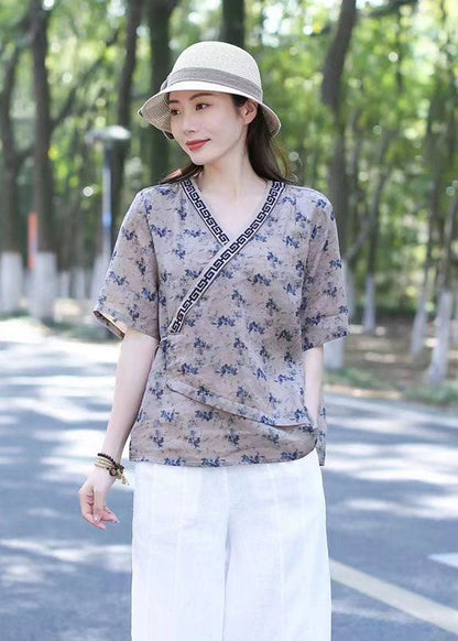 Navy Print Patchwork Linen Blouse Top V Neck Lace Up Summer LY2536 - fabuloryshop