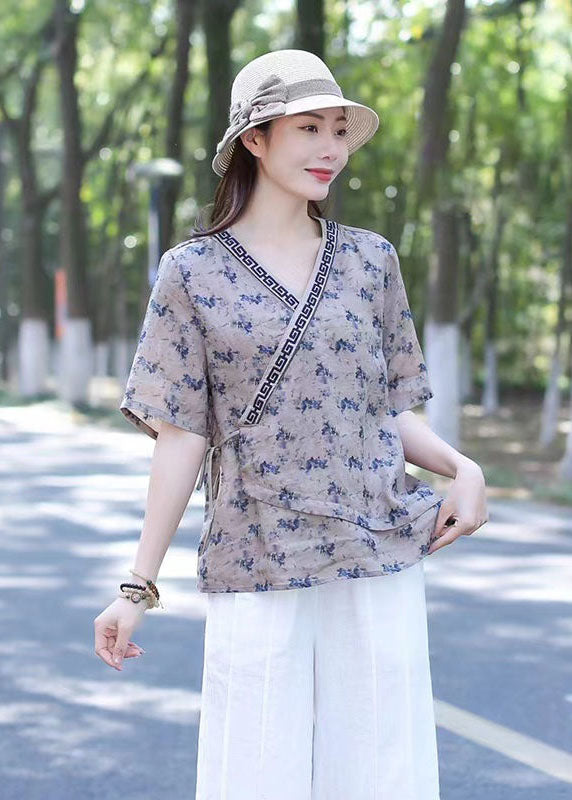 Navy Print Patchwork Linen Blouse Top V Neck Lace Up Summer LY2536 - fabuloryshop