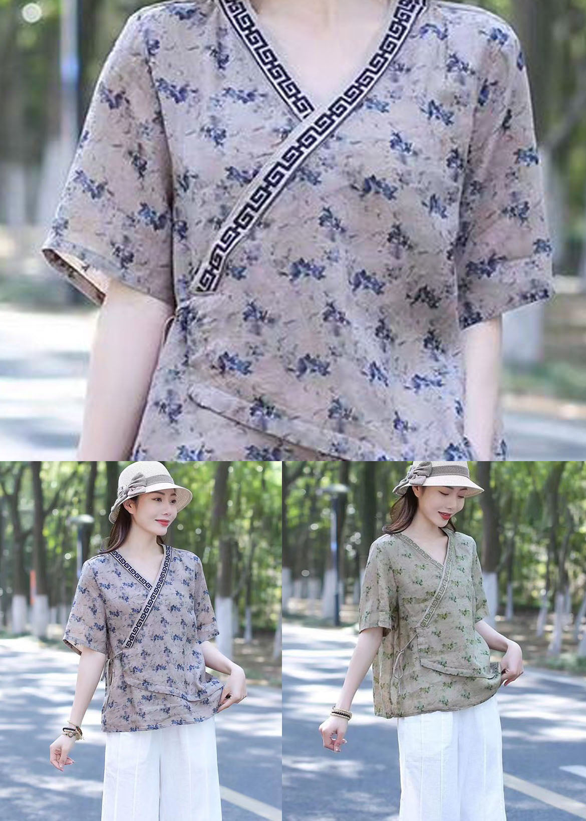 Navy Print Patchwork Linen Blouse Top V Neck Lace Up Summer LY2536 - fabuloryshop