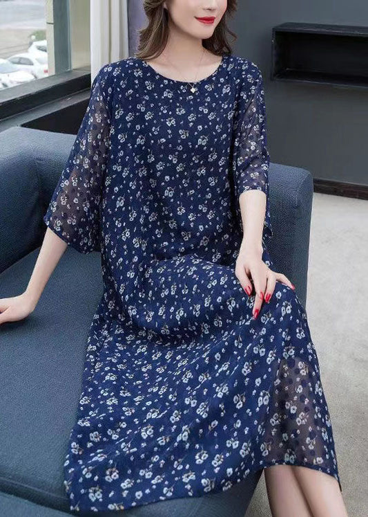 Navy Print Patchwork Loose Chiffon Dresses O Neck Summer Ada Fashion