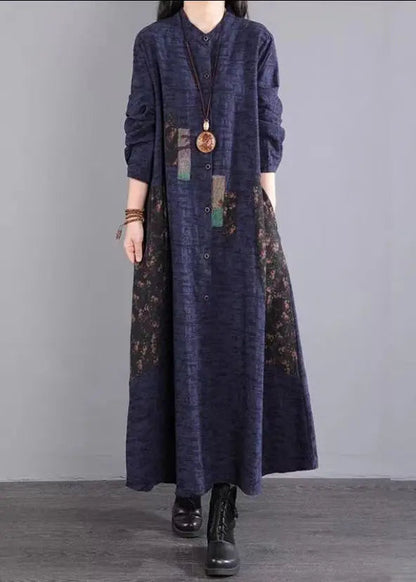 Navy Print Pockets Patchwork Cotton Long Dress Stand Collar Fall Ada Fashion