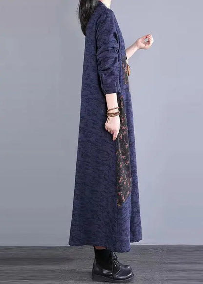 Navy Print Pockets Patchwork Cotton Long Dress Stand Collar Fall Ada Fashion