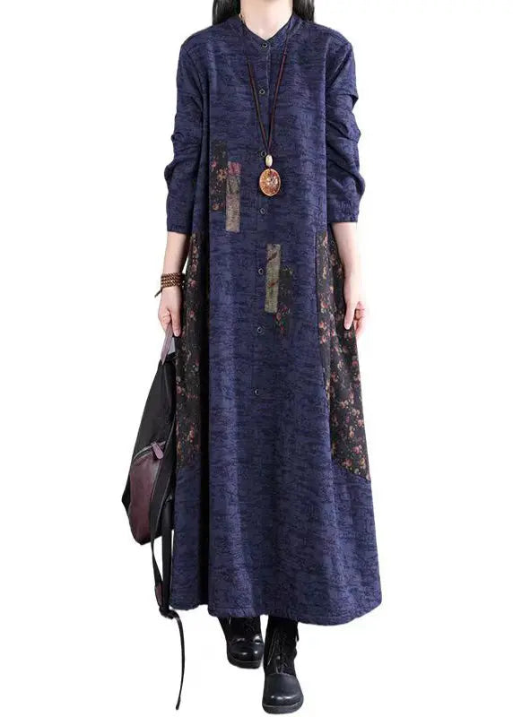 Navy Print Pockets Patchwork Cotton Long Dress Stand Collar Fall Ada Fashion