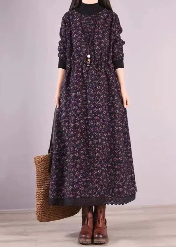 Navy Print Pockets Patchwork Warm Fleece Dresses Drawstring Winter Ada Fashion