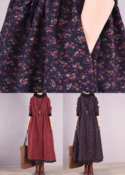 Navy Print Pockets Patchwork Warm Fleece Dresses Drawstring Winter Ada Fashion