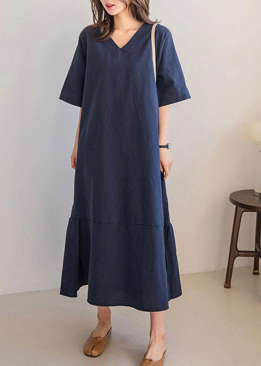 Navy Side Open Solid Long Dresses Short Sleeve LY2102 - fabuloryshop