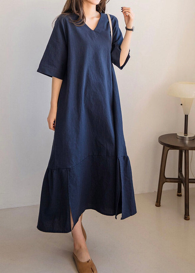 Navy Side Open Solid Long Dresses Short Sleeve LY2102 - fabuloryshop