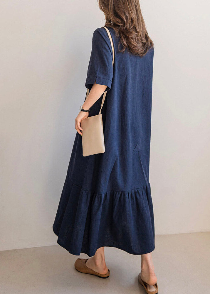 Navy Side Open Solid Long Dresses Short Sleeve LY2102 - fabuloryshop