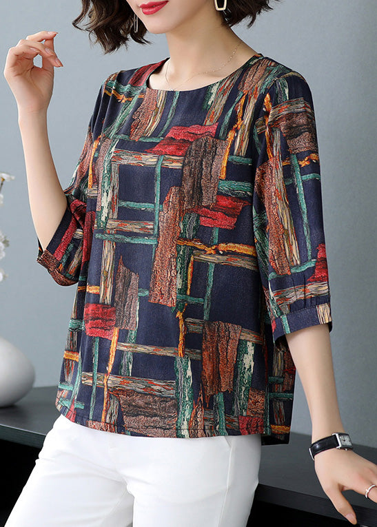 Navy Silk O-Neck Silk Top Half Sleeve LY5188 - fabuloryshop