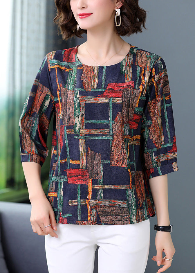 Navy Silk O-Neck Silk Top Half Sleeve LY5188 - fabuloryshop