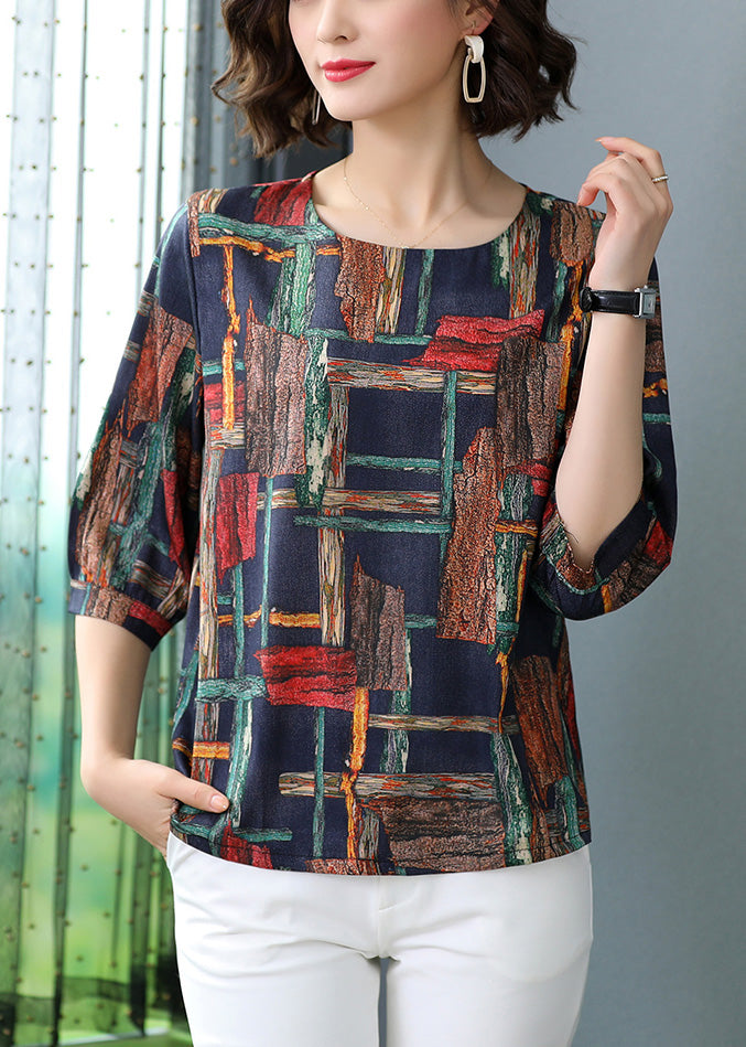 Navy Silk O-Neck Silk Top Half Sleeve LY5188 - fabuloryshop