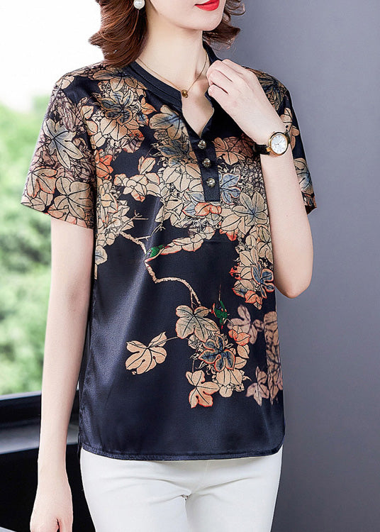 Navy Silk V Neck Cozy Tops Short Sleeve LY5189 - fabuloryshop