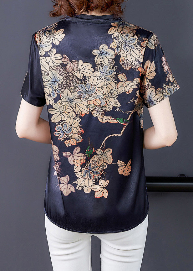 Navy Silk V Neck Cozy Tops Short Sleeve LY5189 - fabuloryshop