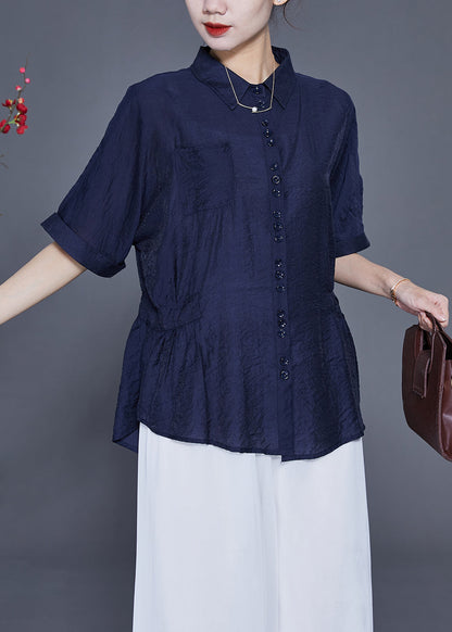 Navy Slim Fit Silk Blouse Tops Peter Pan Collar Wrinkled Summer LY2412 - fabuloryshop