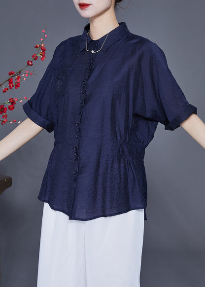 Navy Slim Fit Silk Blouse Tops Peter Pan Collar Wrinkled Summer LY2412 - fabuloryshop