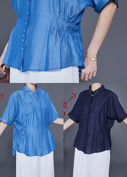 Navy Slim Fit Silk Blouse Tops Peter Pan Collar Wrinkled Summer LY2412 - fabuloryshop