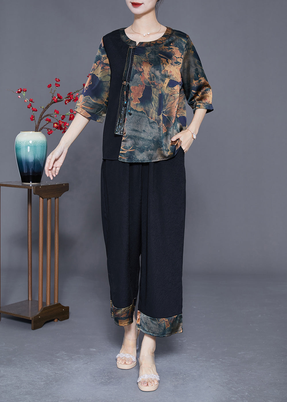 Navy Tie Dye Silk Two Piece Set Outfits Chinese Button Tassel Half Sleeve LY3610 - fabuloryshop