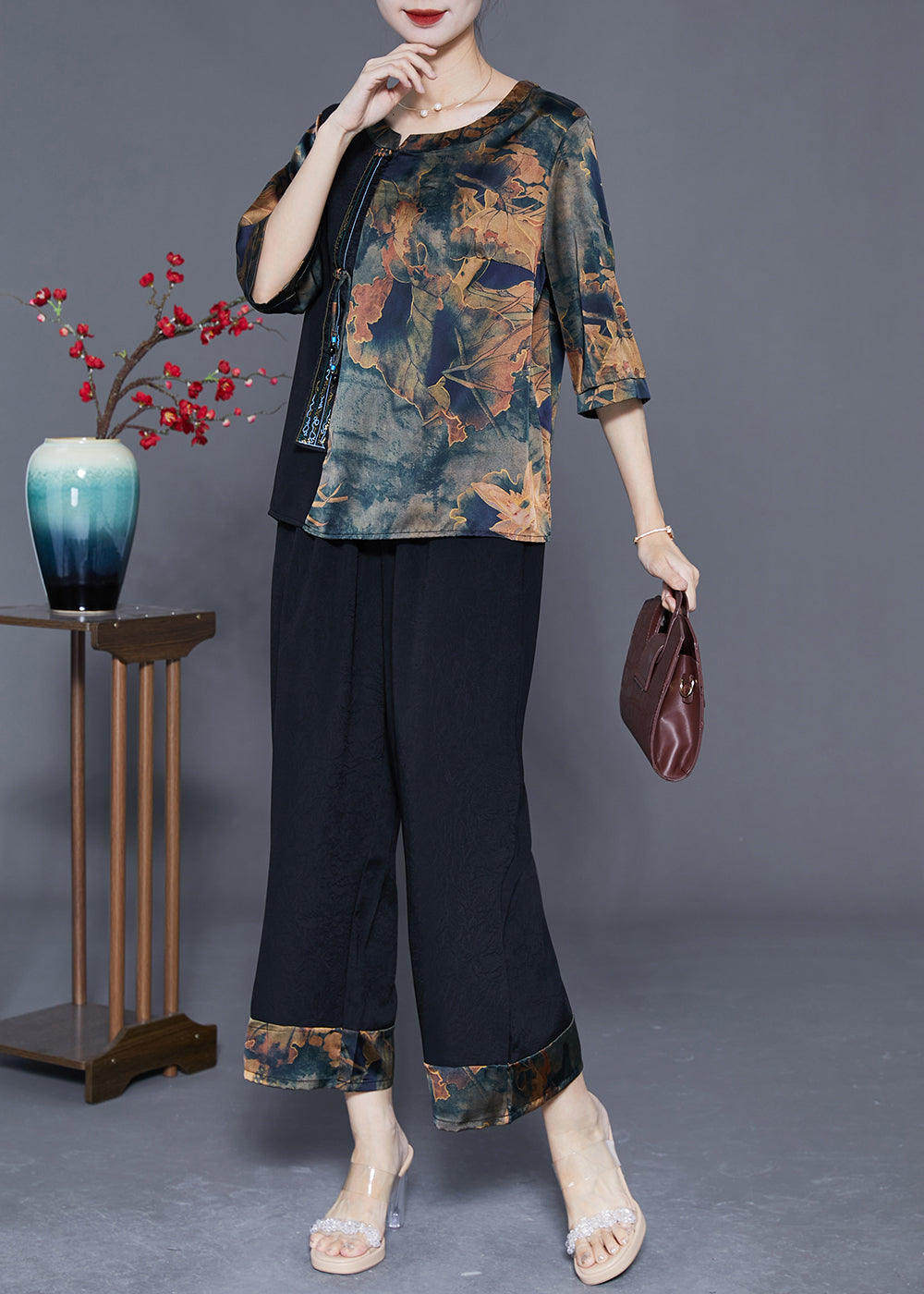 Navy Tie Dye Silk Two Piece Set Outfits Chinese Button Tassel Half Sleeve LY3610 - fabuloryshop