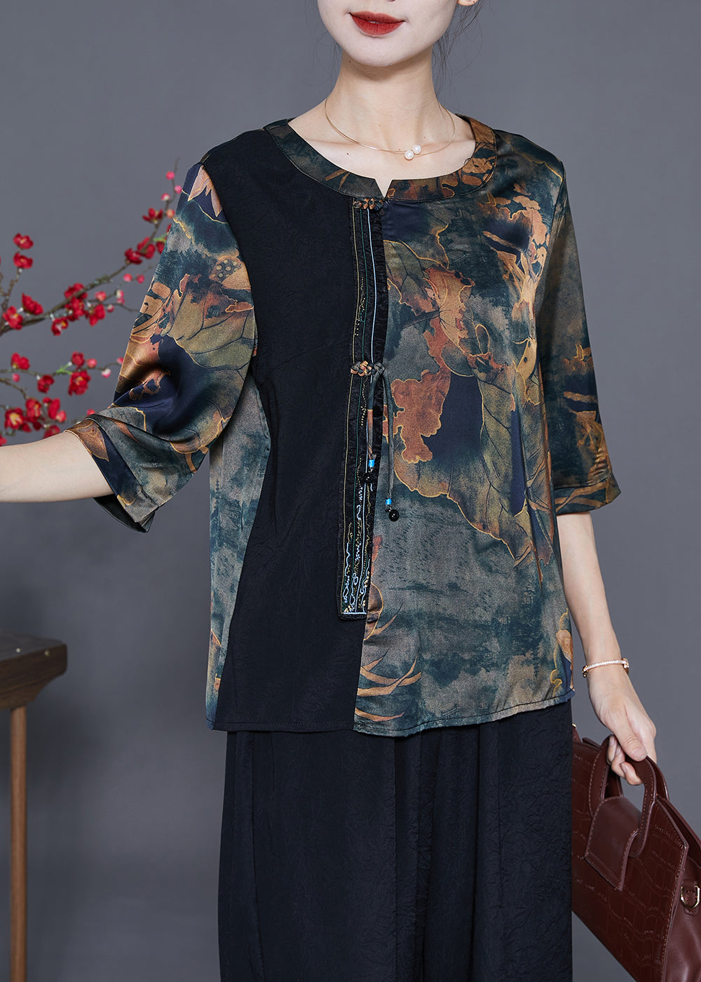 Navy Tie Dye Silk Two Piece Set Outfits Chinese Button Tassel Half Sleeve LY3610 - fabuloryshop