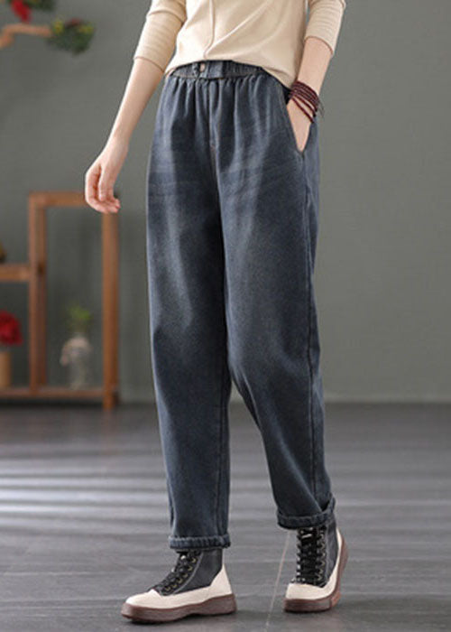 Navy Warm Fleece Denim Harem Pants Elastic Waist Spring TG1049 - fabuloryshop