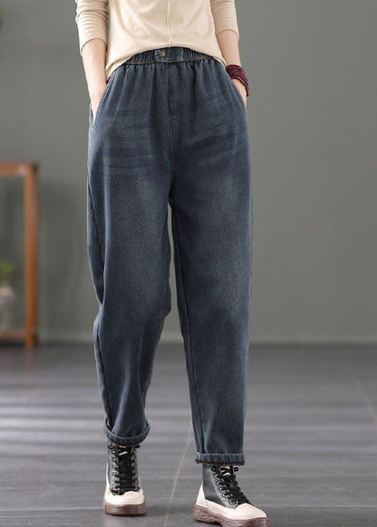 Navy Warm Fleece Denim Harem Pants Elastic Waist Spring TG1049 - fabuloryshop