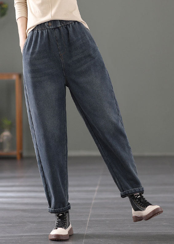 Navy Warm Fleece Denim Harem Pants Elastic Waist Spring TG1049 - fabuloryshop