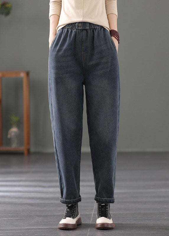 Navy Warm Fleece Denim Harem Pants Elastic Waist Spring TG1049 - fabuloryshop