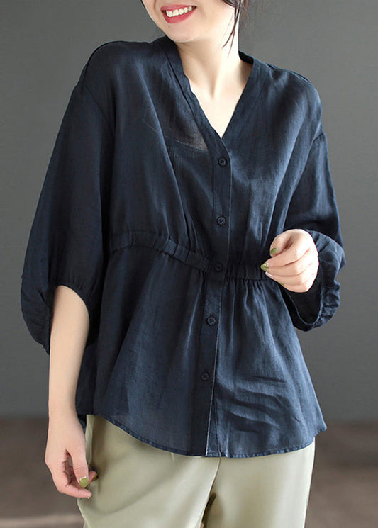 Navy Wrinkled Patchwork Linen Shirt V Neck Bracelet Sleeve Ada Fashion