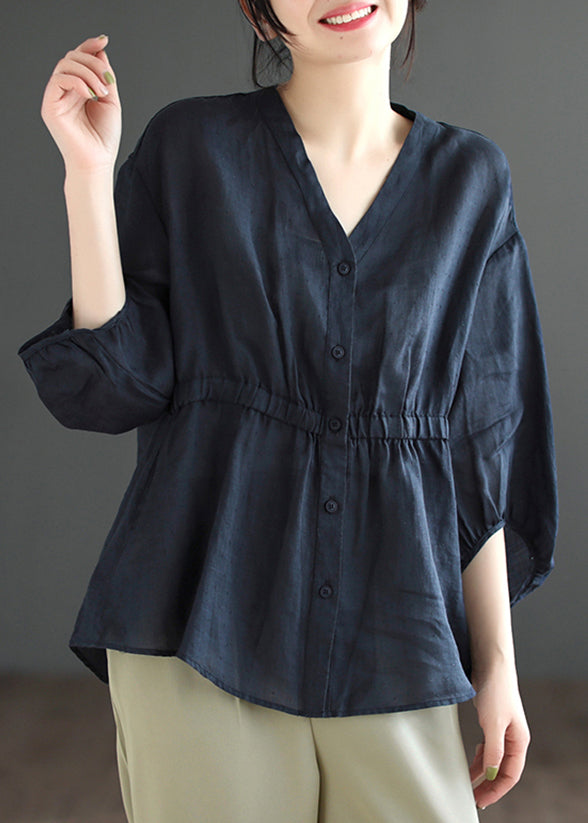 Navy Wrinkled Patchwork Linen Shirt V Neck Bracelet Sleeve Ada Fashion