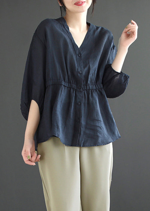 Navy Wrinkled Patchwork Linen Shirt V Neck Bracelet Sleeve Ada Fashion