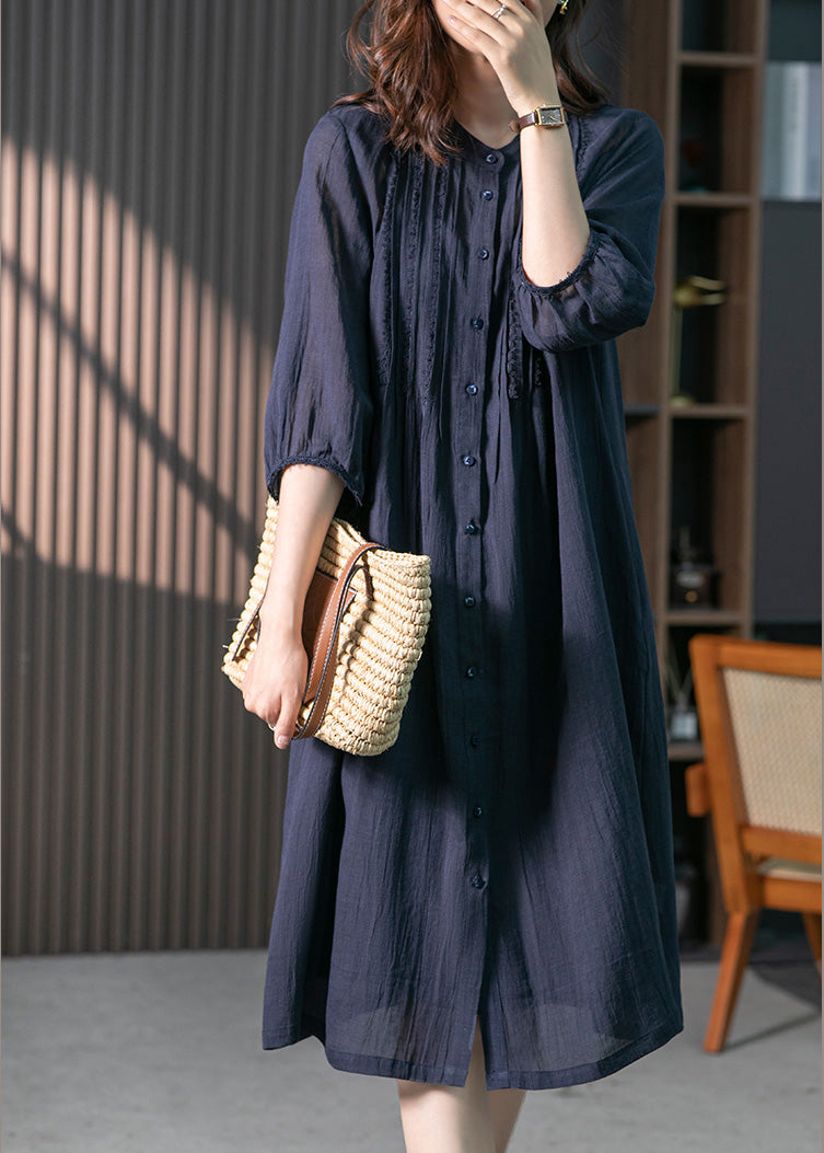 Navy Wrinkled Solid Linen Long Dresses Long Sleeve LY1746 - fabuloryshop