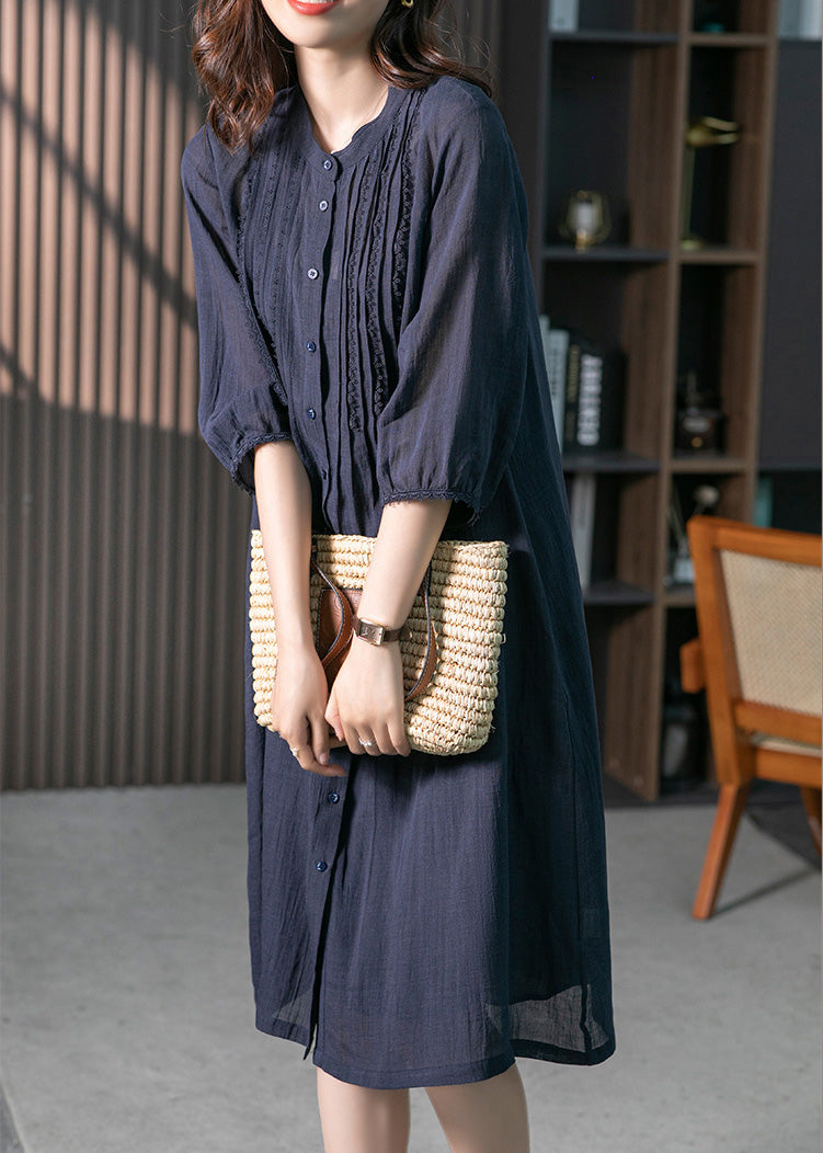 Navy Wrinkled Solid Linen Long Dresses Long Sleeve LY1746 - fabuloryshop