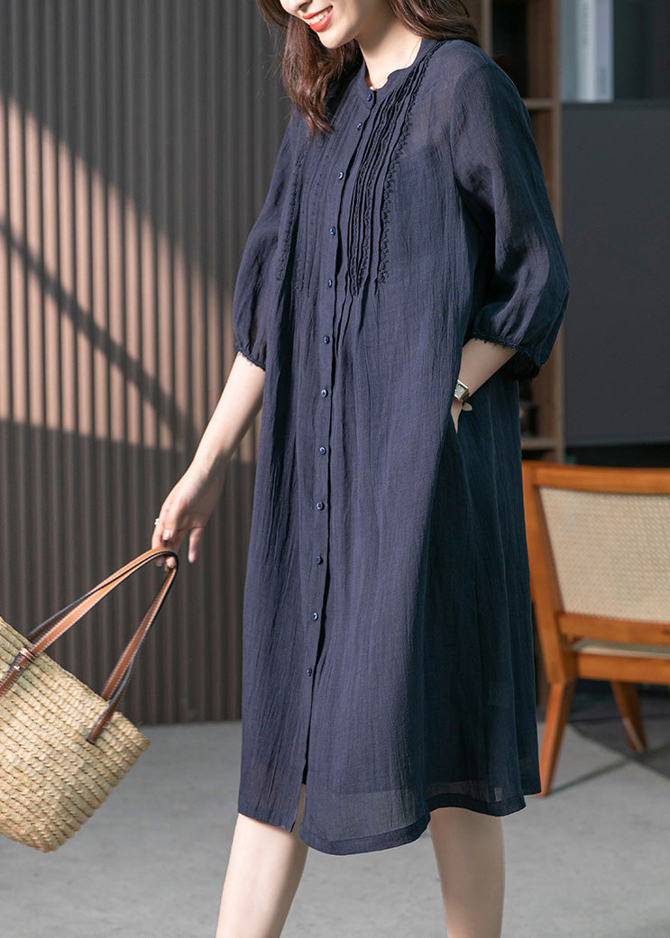 Navy Wrinkled Solid Linen Long Dresses Long Sleeve LY1746 - fabuloryshop