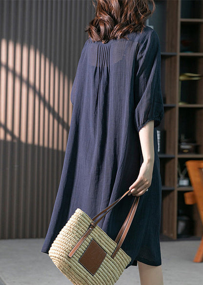 Navy Wrinkled Solid Linen Long Dresses Long Sleeve LY1746 - fabuloryshop