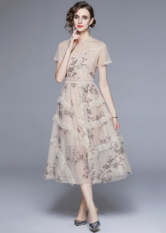New Apricot Embroideried Ruffled Patchwork Tulle Dress Summer LY7426 - fabuloryshop
