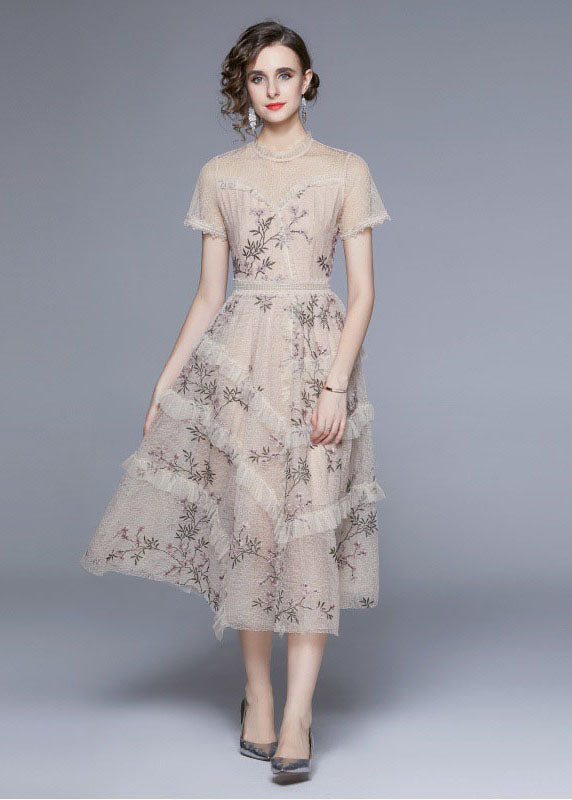 New Apricot Embroideried Ruffled Patchwork Tulle Dress Summer LY7426 - fabuloryshop