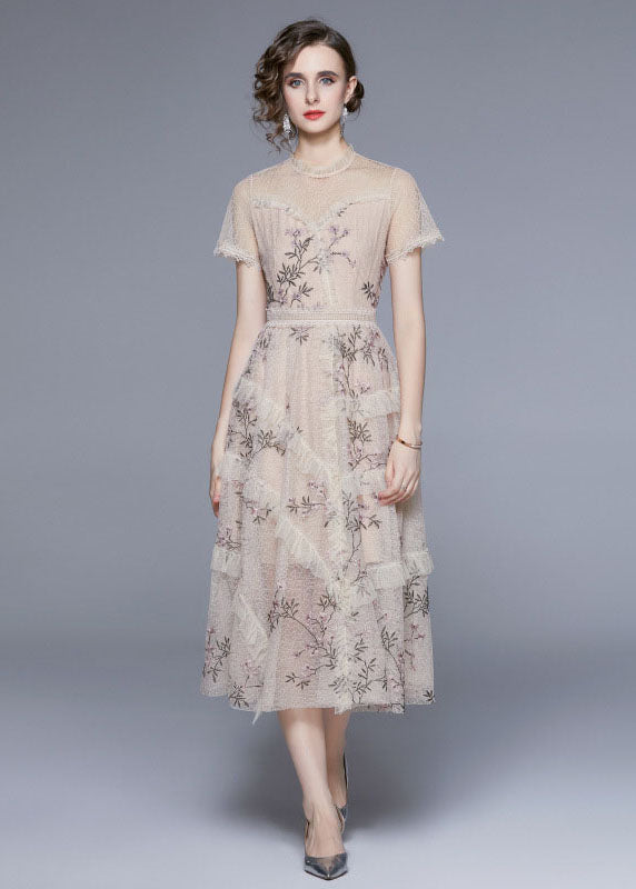 New Apricot Embroideried Ruffled Patchwork Tulle Dress Summer LY7426 - fabuloryshop