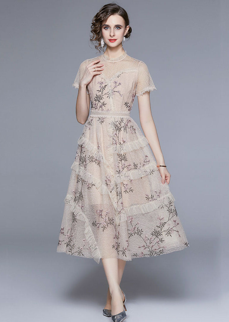 New Apricot Embroideried Ruffled Patchwork Tulle Dress Summer LY7426 - fabuloryshop