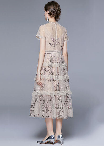 New Apricot Embroideried Ruffled Patchwork Tulle Dress Summer LY7426 - fabuloryshop