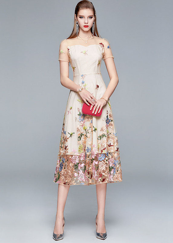 New Apricot O-Neck Embroideried Patchwork Tulle Long Dress Summer LY7442 - fabuloryshop