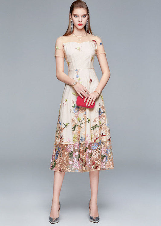 New Apricot O-Neck Embroideried Patchwork Tulle Long Dress Summer LY7442 - fabuloryshop