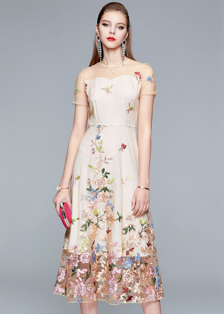 New Apricot O-Neck Embroideried Patchwork Tulle Long Dress Summer LY7442 - fabuloryshop