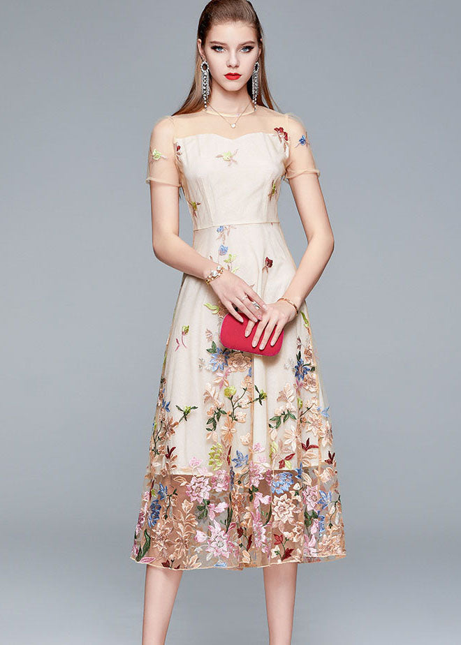 New Apricot O-Neck Embroideried Patchwork Tulle Long Dress Summer LY7442 - fabuloryshop
