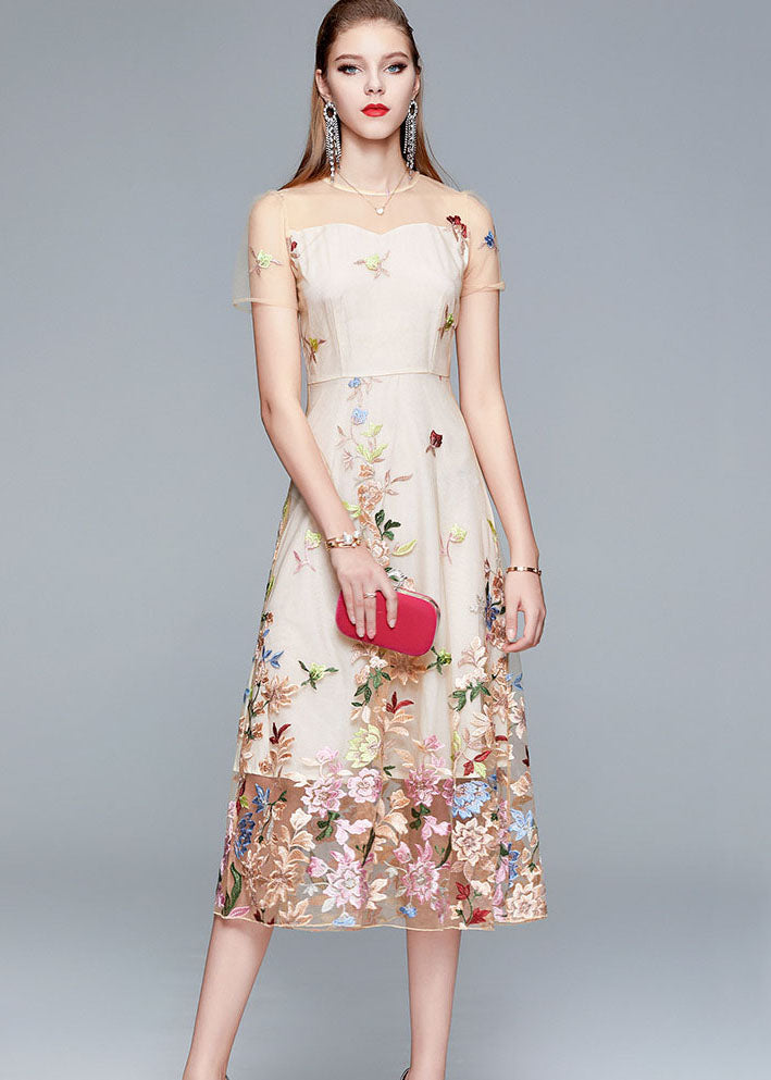New Apricot O-Neck Embroideried Patchwork Tulle Long Dress Summer LY7442 - fabuloryshop