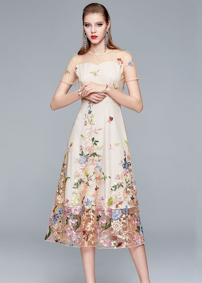 New Apricot O-Neck Embroideried Patchwork Tulle Long Dress Summer LY7442 - fabuloryshop